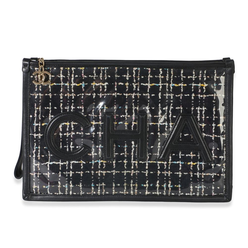 Chanel Black Tweed PVC Lambskin Logo Large Pouch